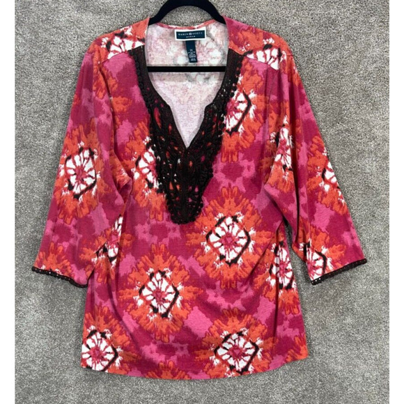 Karen Scott Tops - Karen Scott Top Womens 2X Pink Black Crochet Neckline 3/4 Sleeve Pullover Blouse